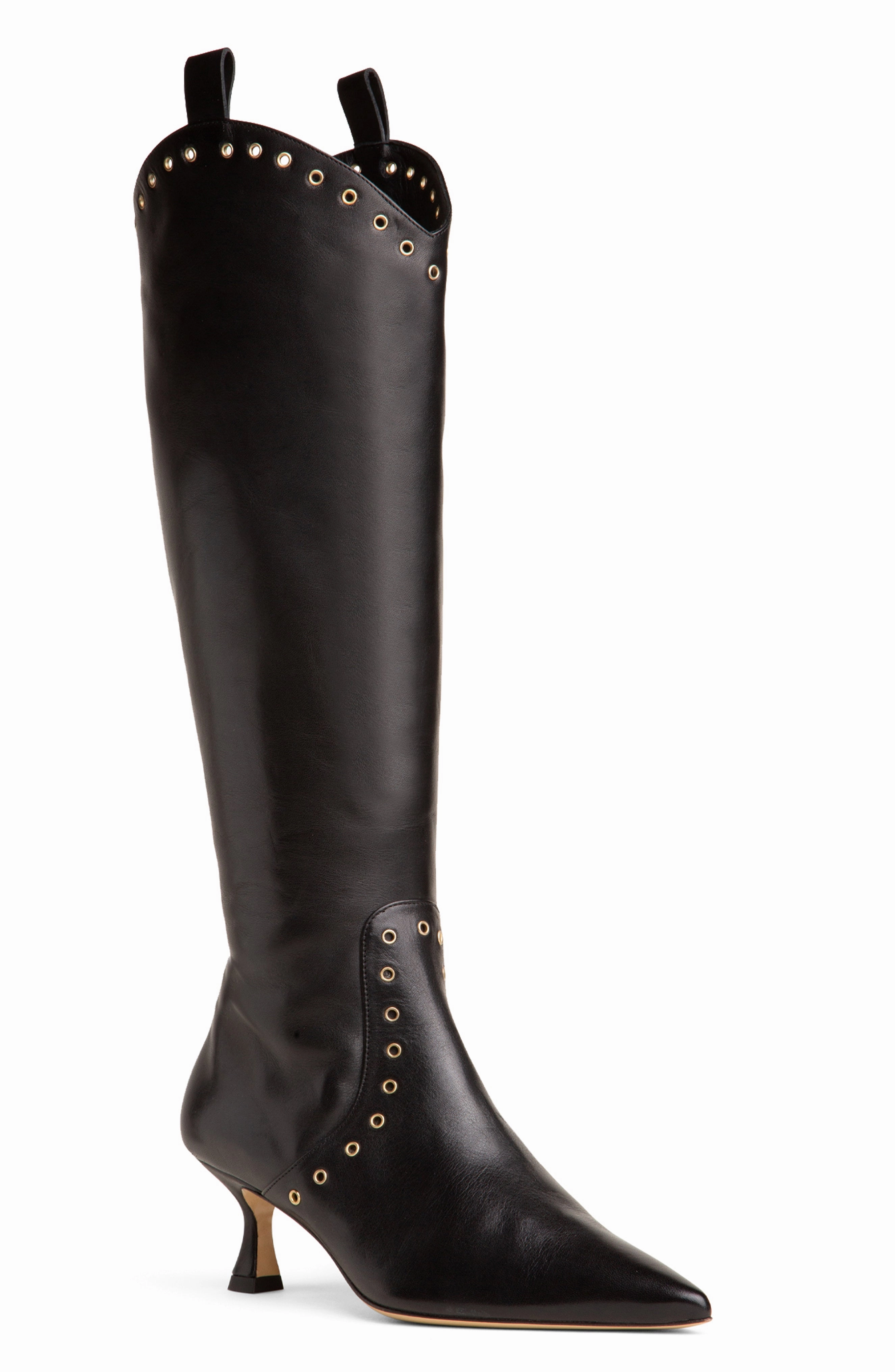 Vanesa Womens Black Leather Knee High Boot Kitten Heel Layered Knee High Stiletto Boots