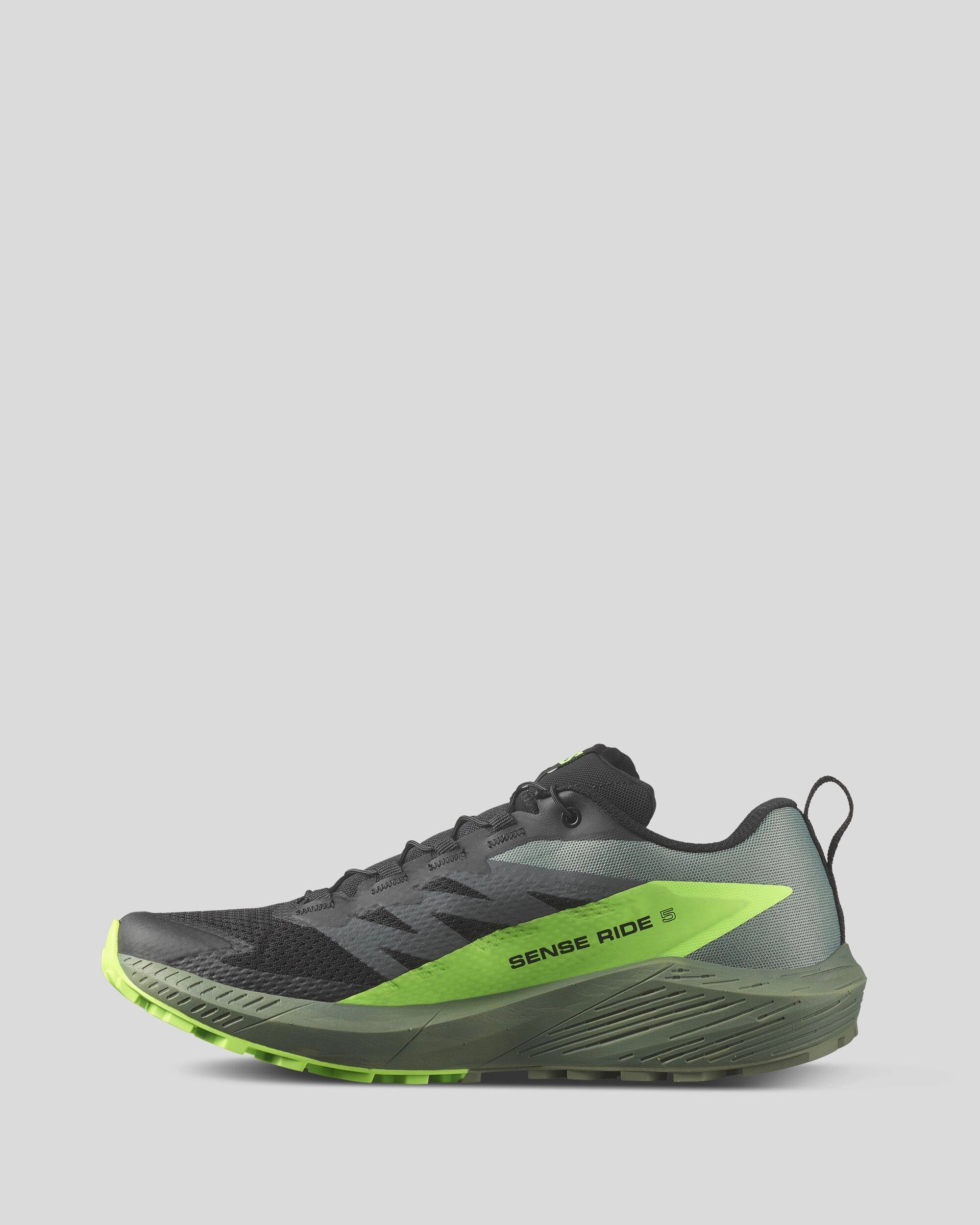 Men's Salomon Sense Ride 5 Trail Running Shoes - Black/Laurel Wreath/Green Gecko Trail Running Shoes 12