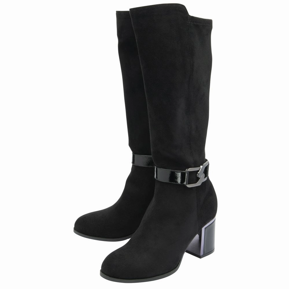 Lotus ULB453BB Harwin Ladies Black Textile Side Zip Knee High Boots Unusual Knee High Boots