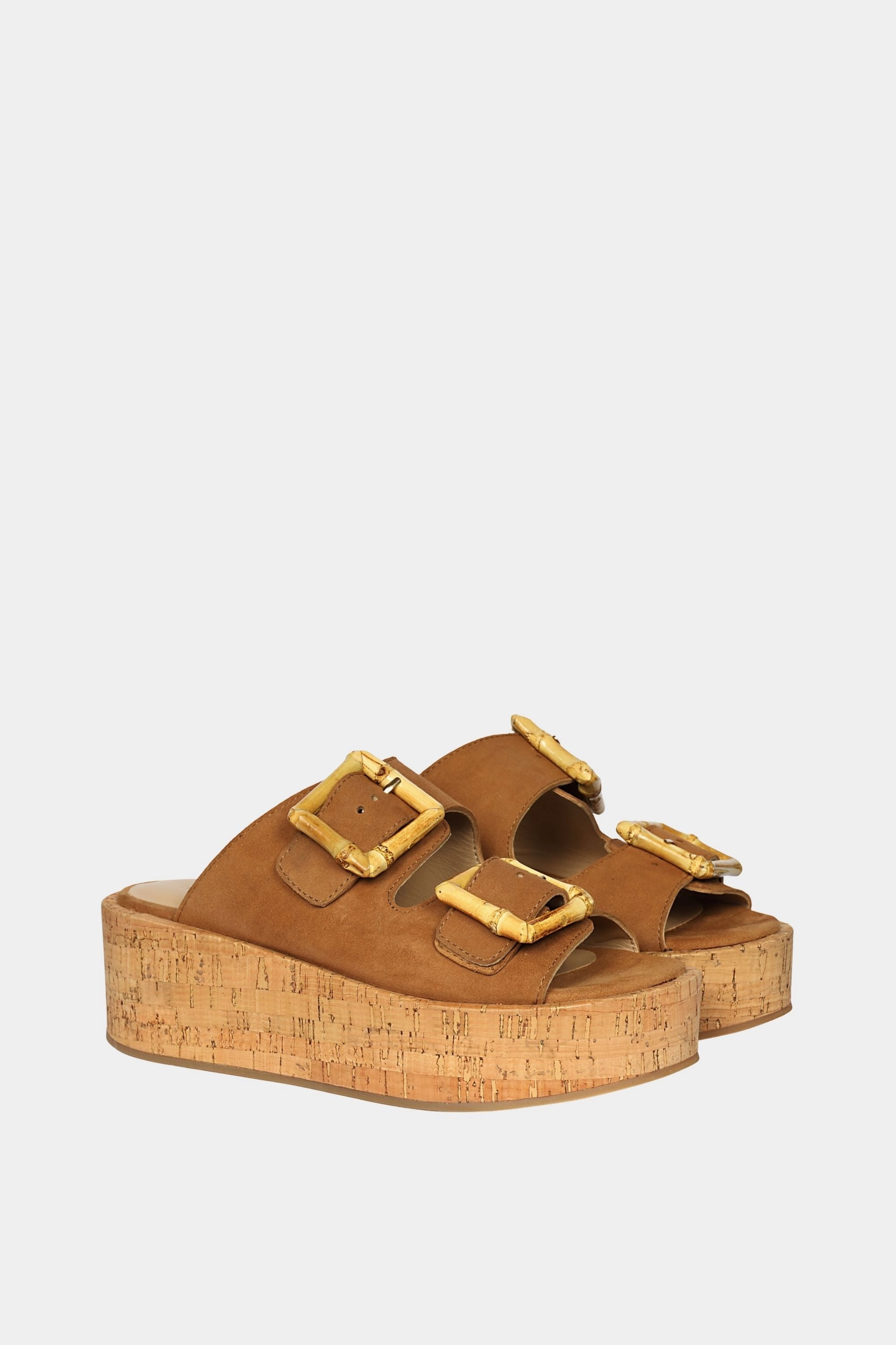 Jelavu - Corkie Platform Sandals with Bamboo Buckle - Cognac Suede Sandals Bahamas All Inclusive