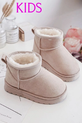 KIDS BEIGE FLUFFY PLATFORM FAUX FUR LINED ANKLE BOOTS 25/30 SIZES Womens Biker Boots