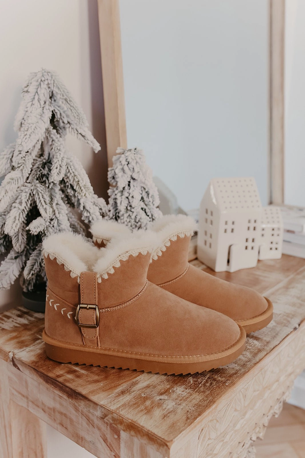 Ankle Boots With Studs And Buckles Lana Taupe Sherpa Lined Buckled Booties - FINAL SALE
