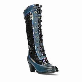 Laura Vita Alcizeeo 180 Ladies Blue Leather & Textile Zip & Lace Knee High Boots Knee High Square Toe