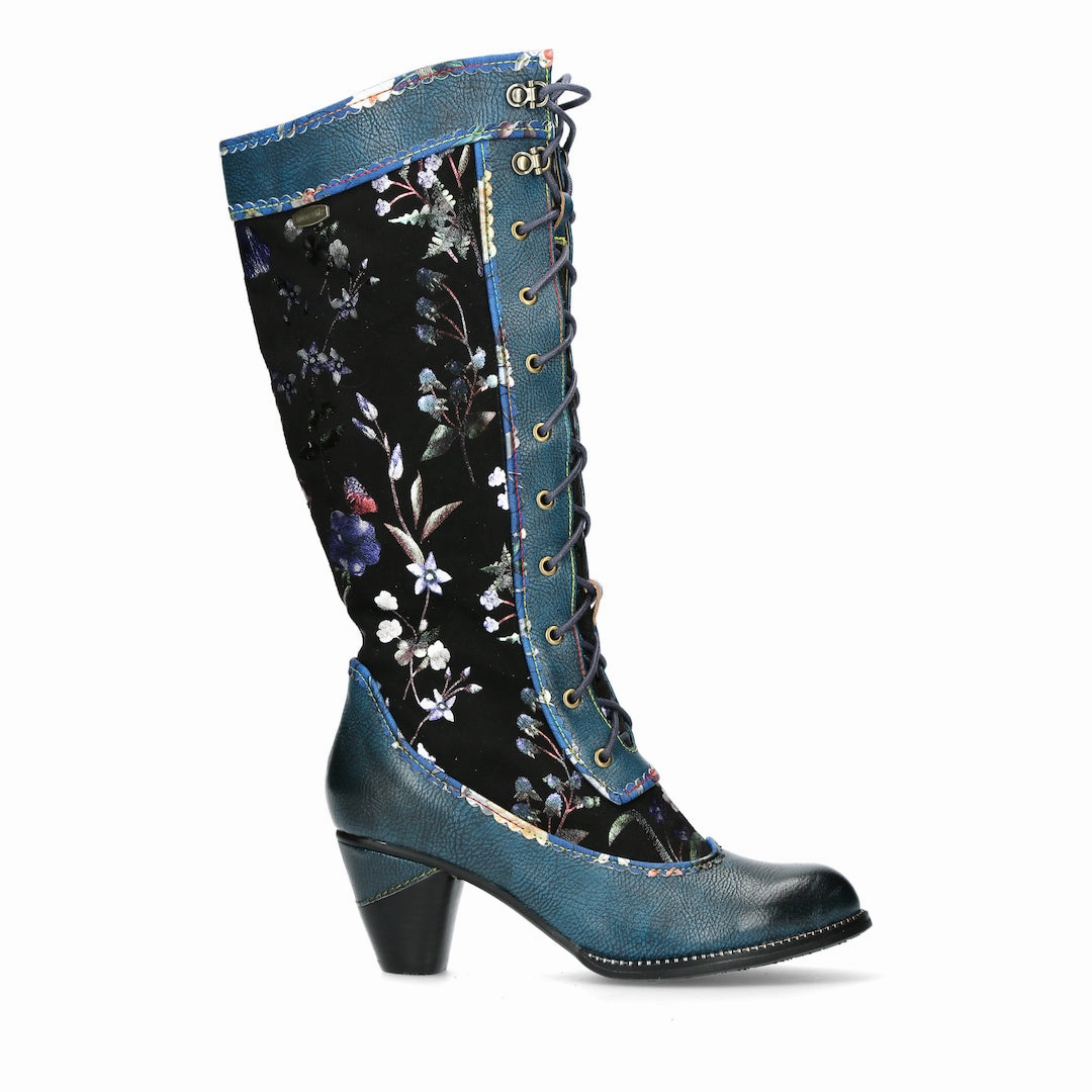 Laura Vita Alcizeeo 180 Ladies Blue Leather & Textile Zip & Lace Knee High Boots Knee High Sock Boots Flat