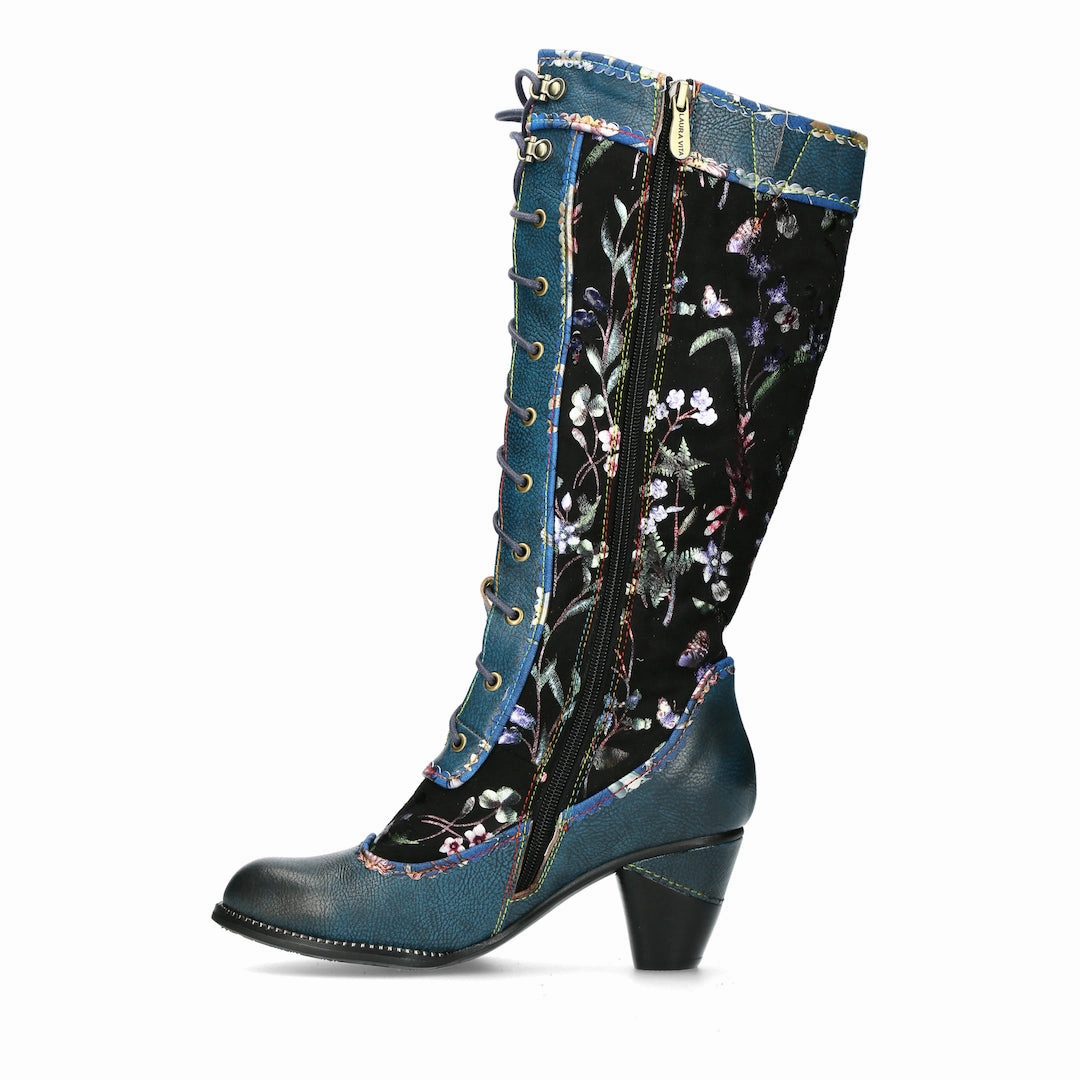 Laura Vita Alcizeeo 180 Ladies Blue Leather & Textile Zip & Lace Knee High Boots Heeled Knee High Boots For Wide Calves