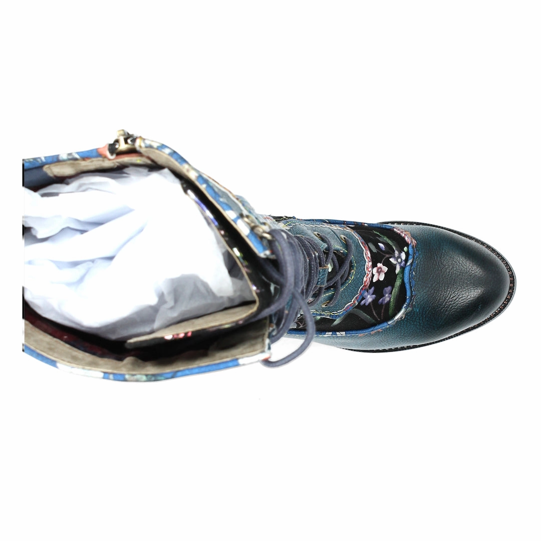 Fur Coat Knee High Boots Laura Vita Alcizeeo 180 Ladies Blue Leather & Textile Zip & Lace Knee High Boots