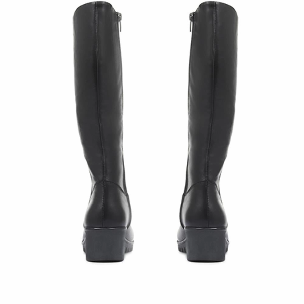 Leather Knee-High Boots - ESFA32003 / 319 585 - Black Knee High Boot Flat