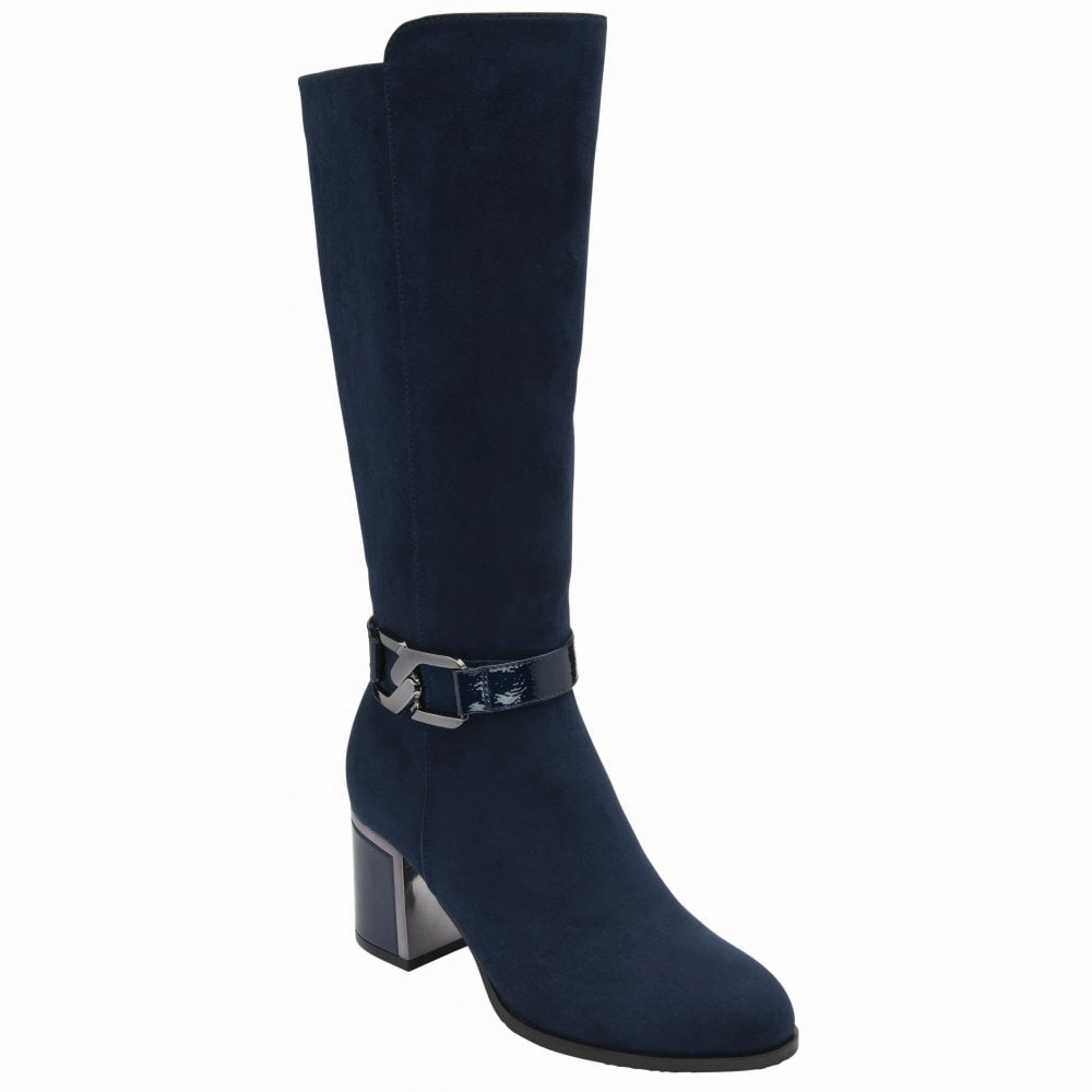 Knee High Boots With Sole Lotus ULB453DE Harwin Ladies Navy Textile Side Zip Knee High Boots