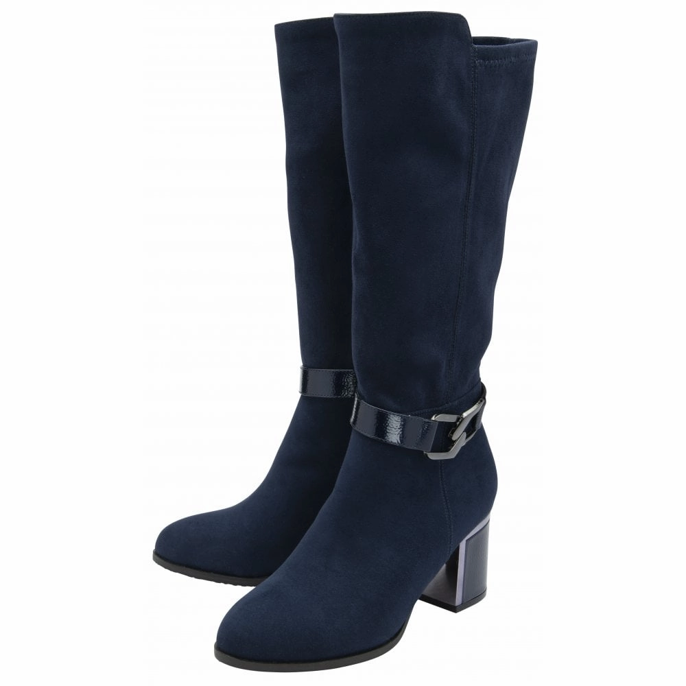 Cap Toe Knee High Boots Lotus ULB453DE Harwin Ladies Navy Textile Side Zip Knee High Boots