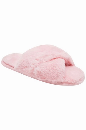 Loungeable Glamorous Soft Pink Faux Fur Peeptoe Mule Slippers Hard Sole Microfiber Flip Flops
