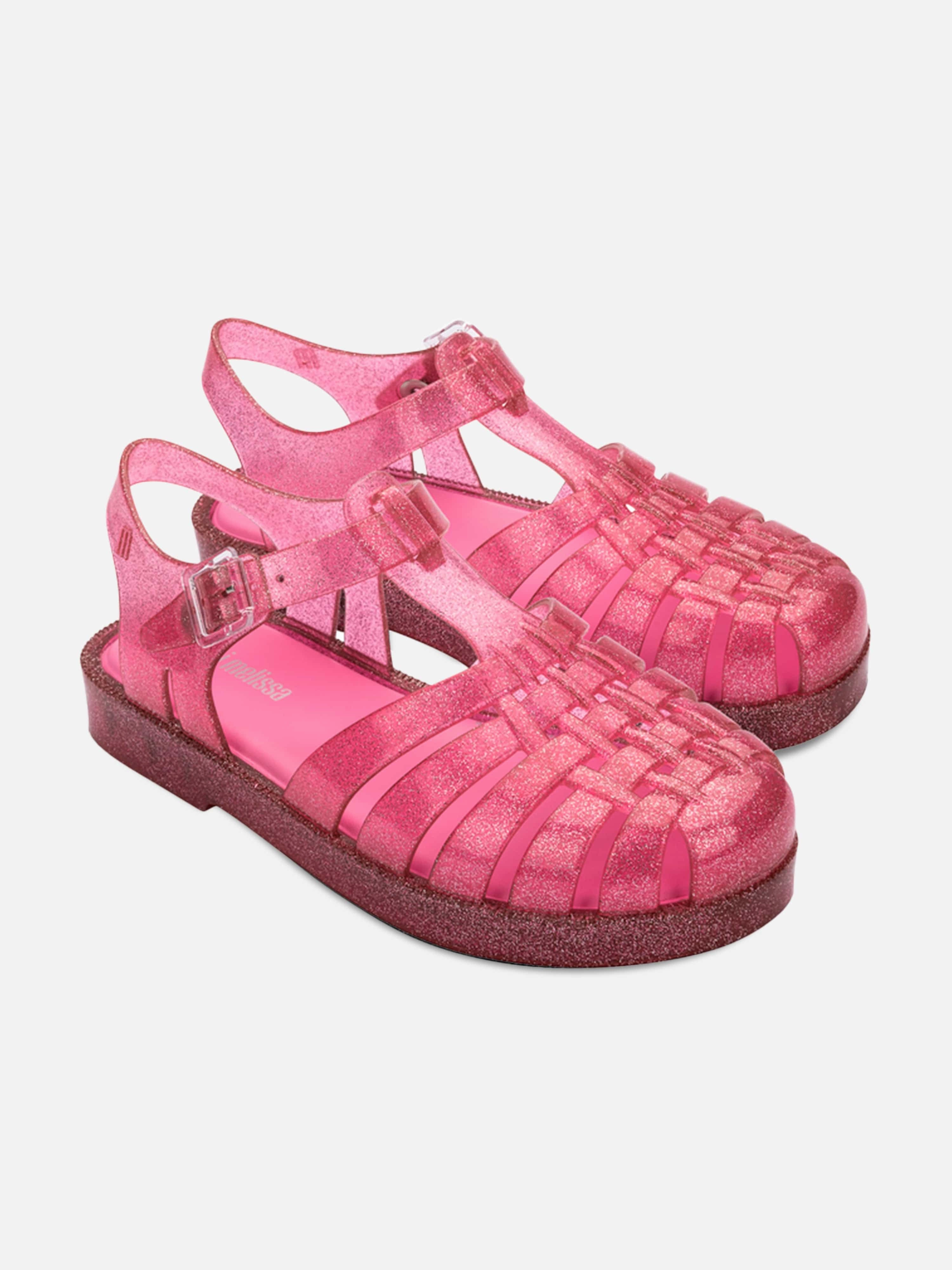 Tiny Heel Sandals Mini Melissa Girls Possession Shiny Sandals in Pink