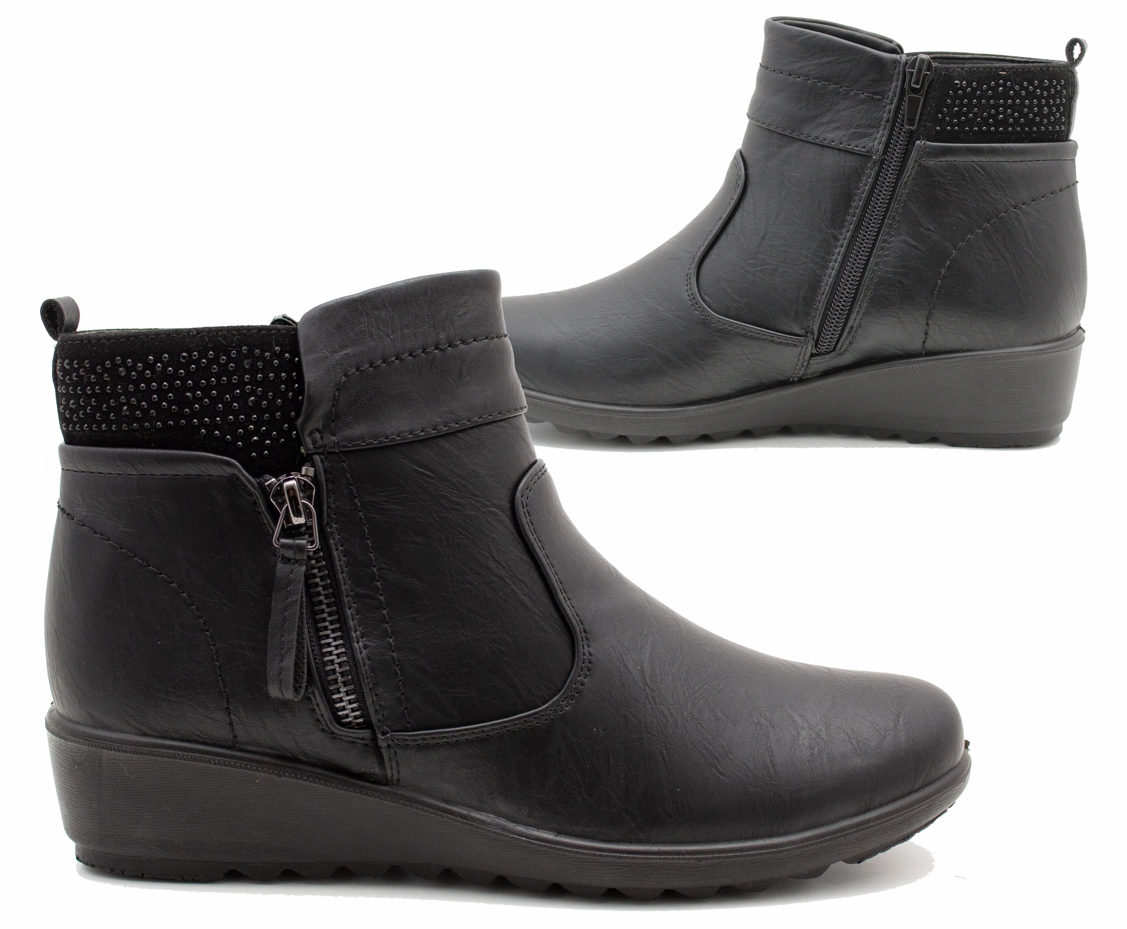 Womens Ankle Boots Zip Up Low Wedge Heel Flat Formal Office Smart Casual Boots Shiny Heeled Ankle Boots