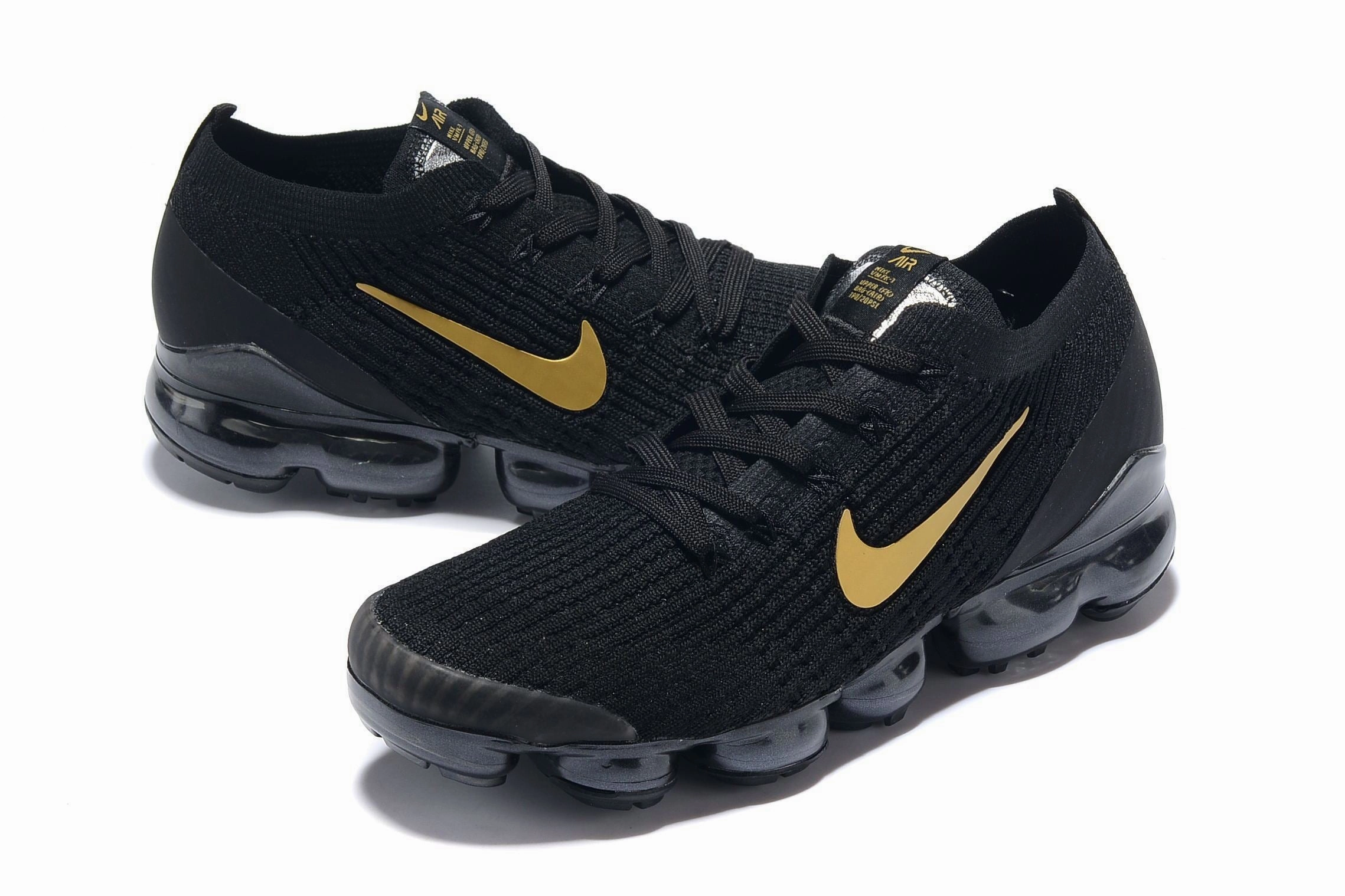 Nike Wedge Heel Tennis Shoes Nike Air Vapormax Flyknit 3 Black Gold White Shoes Sneakers Men Sale Size US 7, 8, 8.5, 9, 10, 11