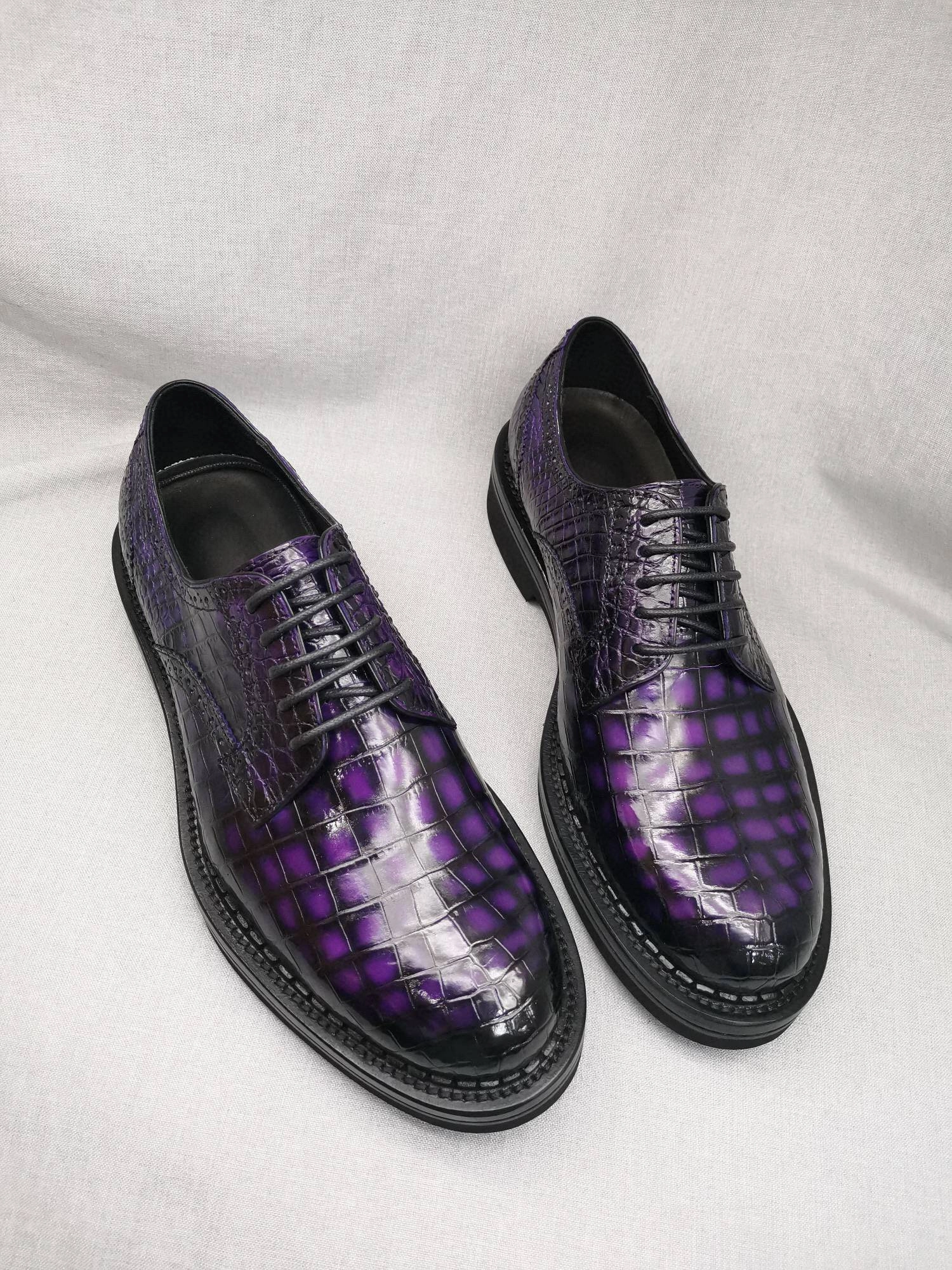 Crocodile Shoes Mens Genuine Crocodile Leather Derby Lace Up Dress Shoe Vintage Purple Wolverines Boots