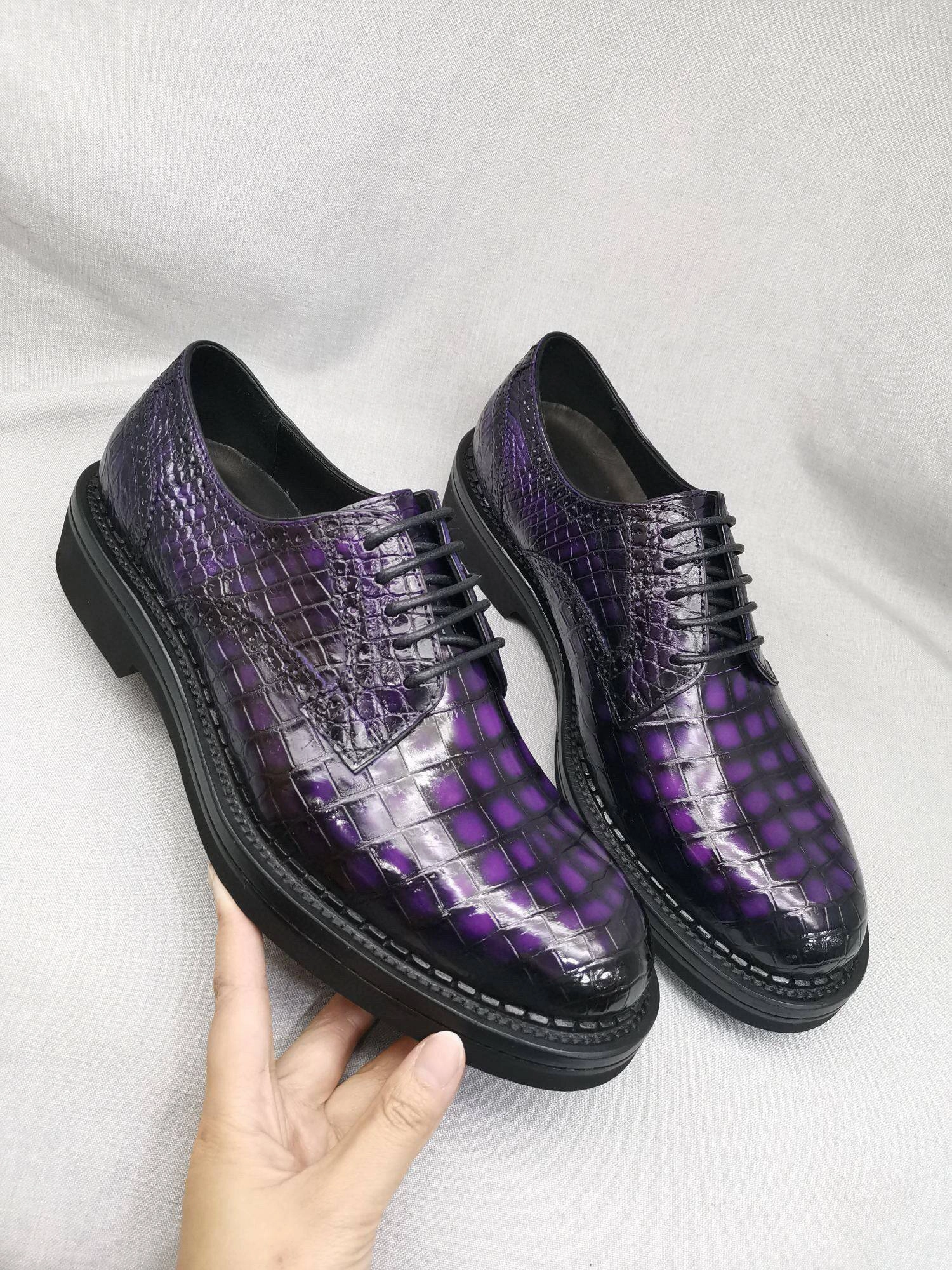 Mid Calf Platform Boots Crocodile Shoes Mens Genuine Crocodile Leather Derby Lace Up Dress Shoe Vintage Purple