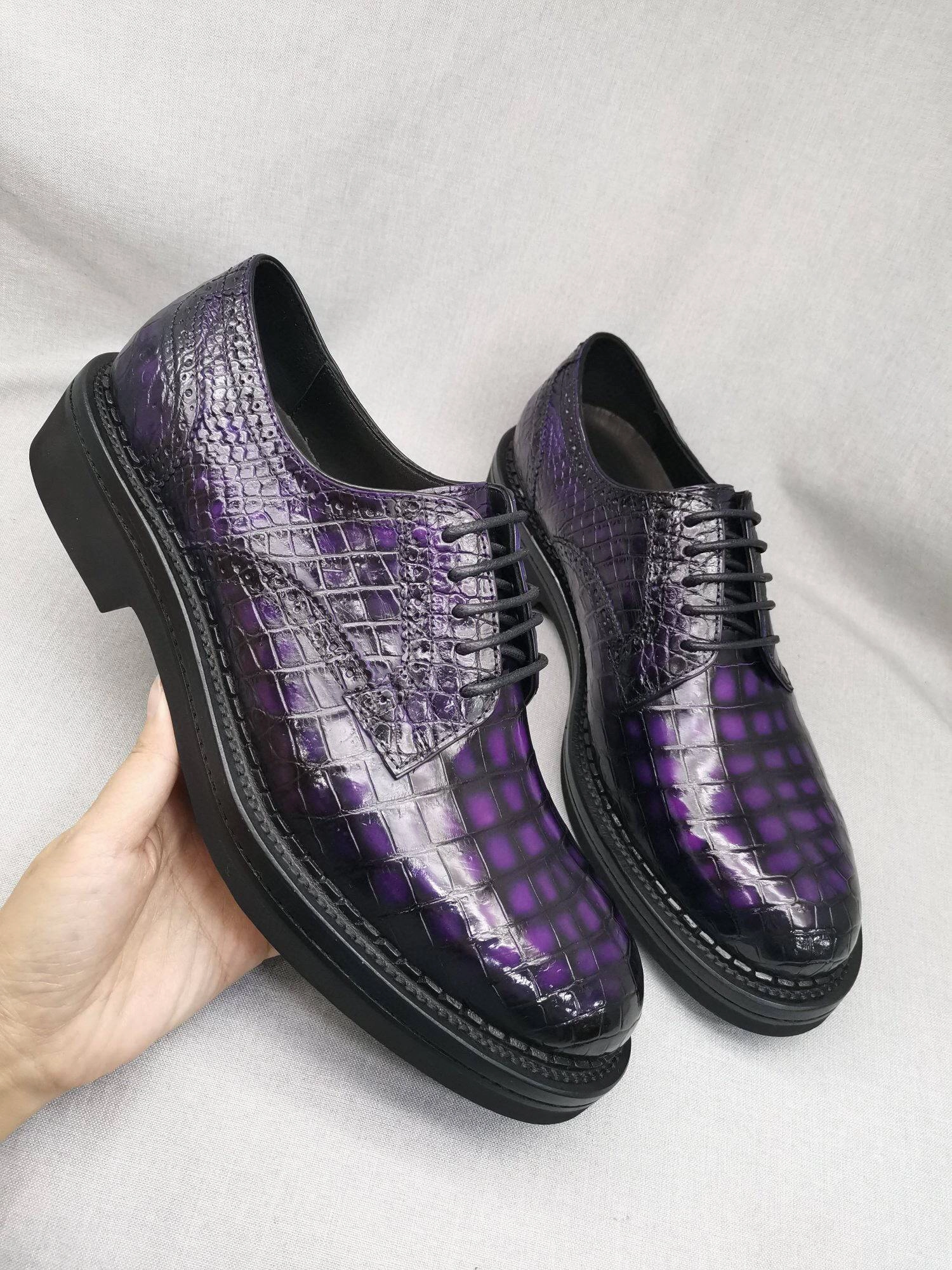 Boots For Construction Crocodile Shoes Mens Genuine Crocodile Leather Derby Lace Up Dress Shoe Vintage Purple