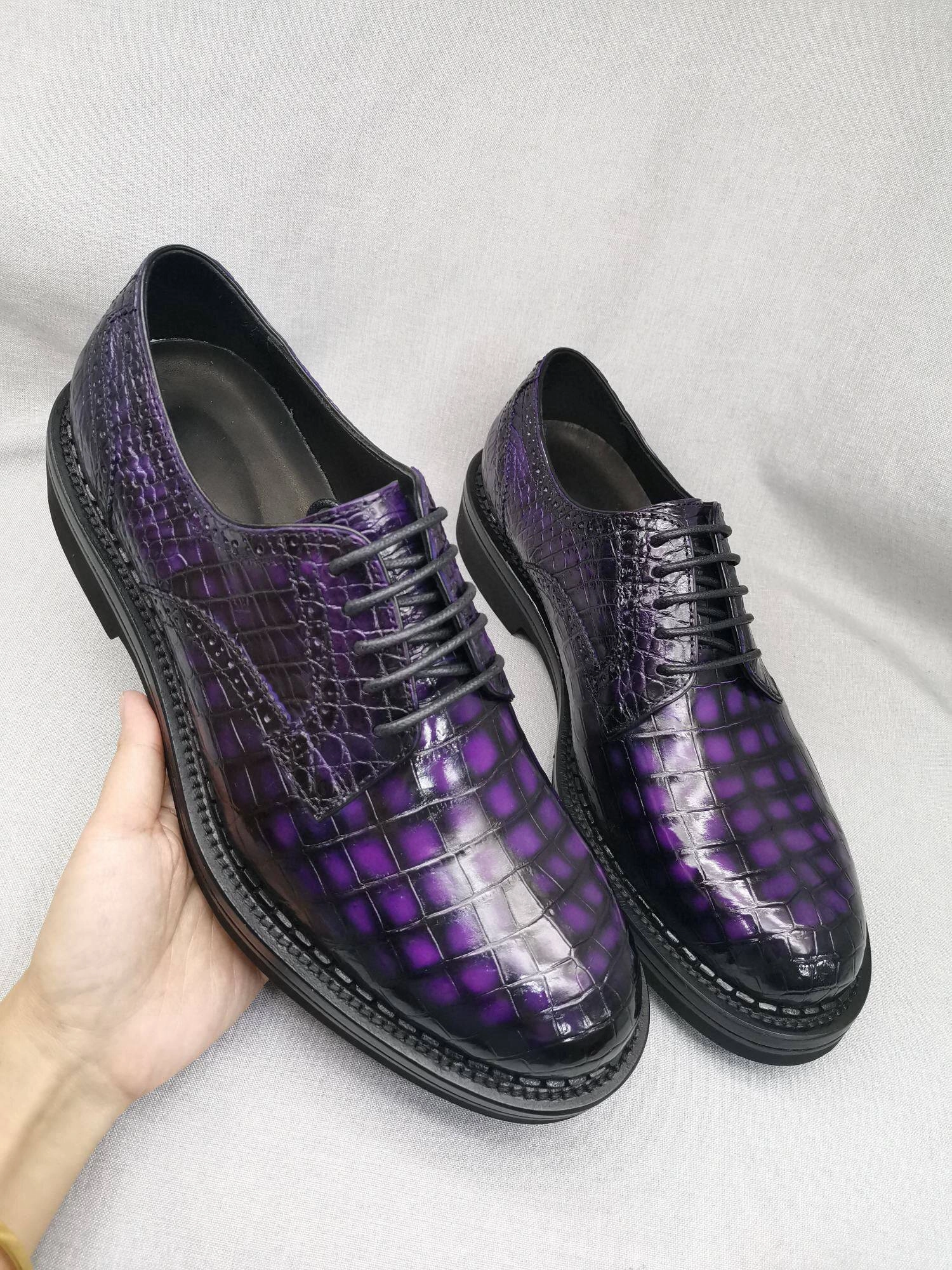 Crocodile Shoes Mens Genuine Crocodile Leather Derby Lace Up Dress Shoe Vintage Purple Low Cut Hiking Boots