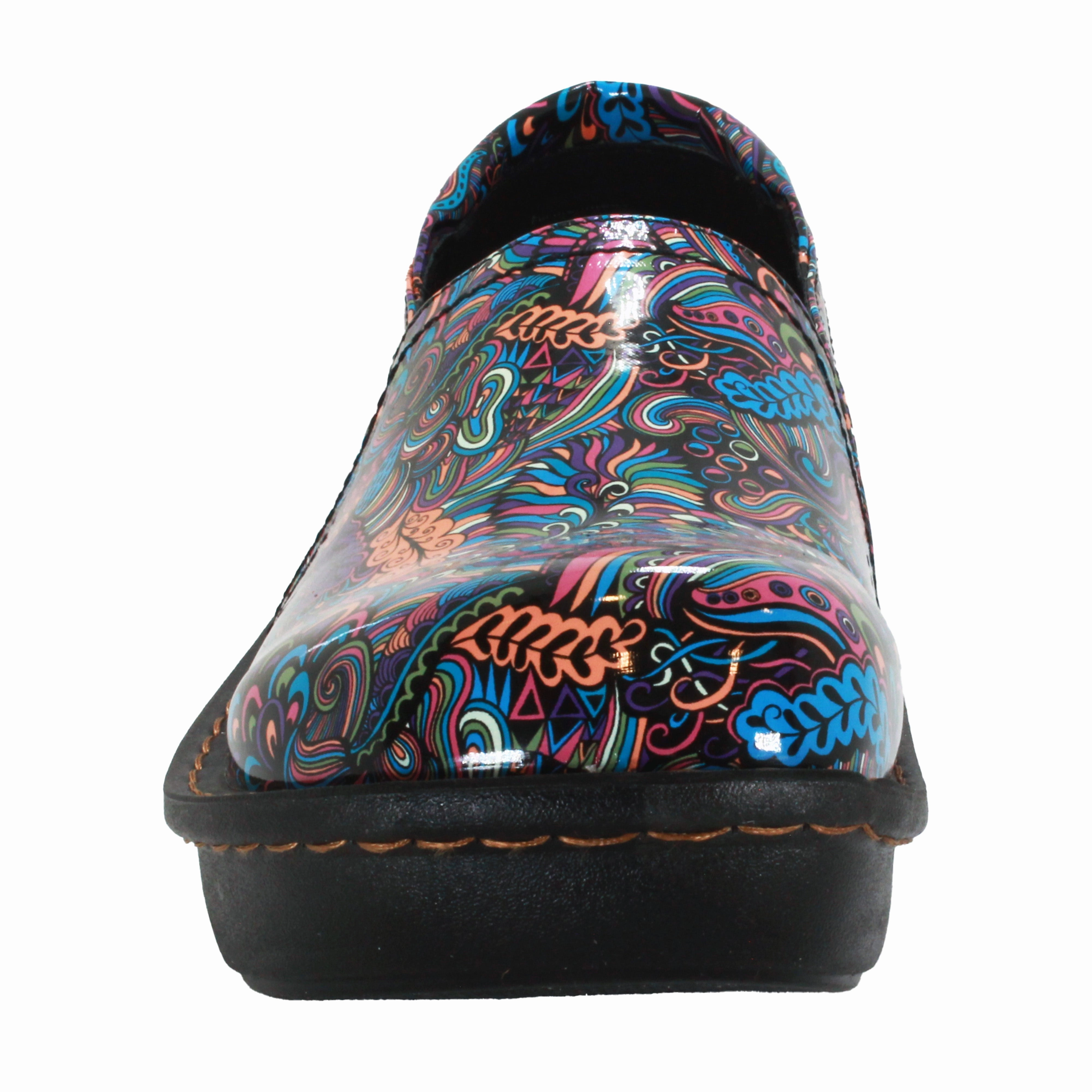 Sanosan Maria Comfort Slip-On Clogs in Mardi Gras print Mocha Clogs