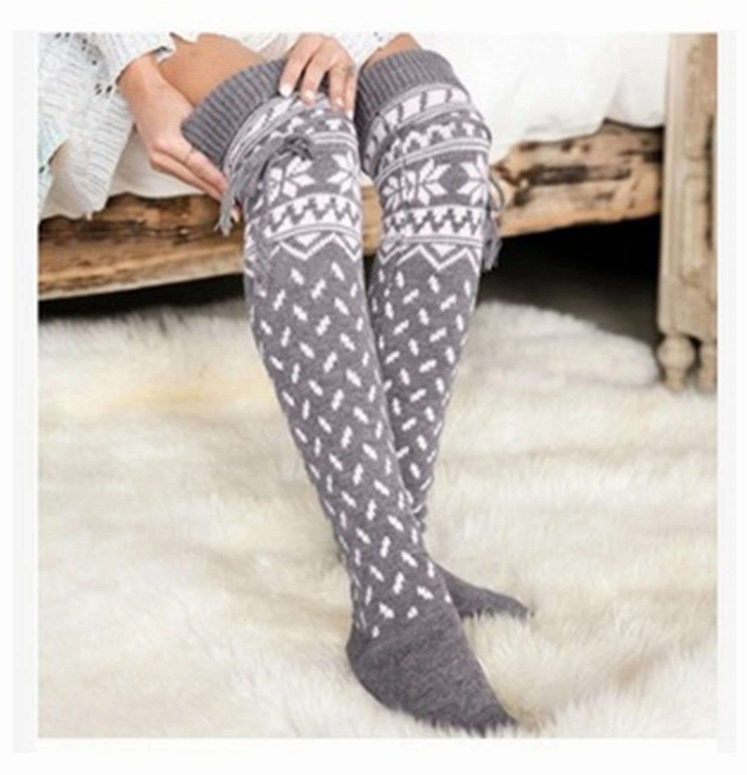 Knee High Beige Boots Thigh High Alpine Socks Snowflake Pattern Gray & White Or Red & White You Choose Tie Top Stay Up Over The Knee Boot Socks Make A Great Christmas Present!