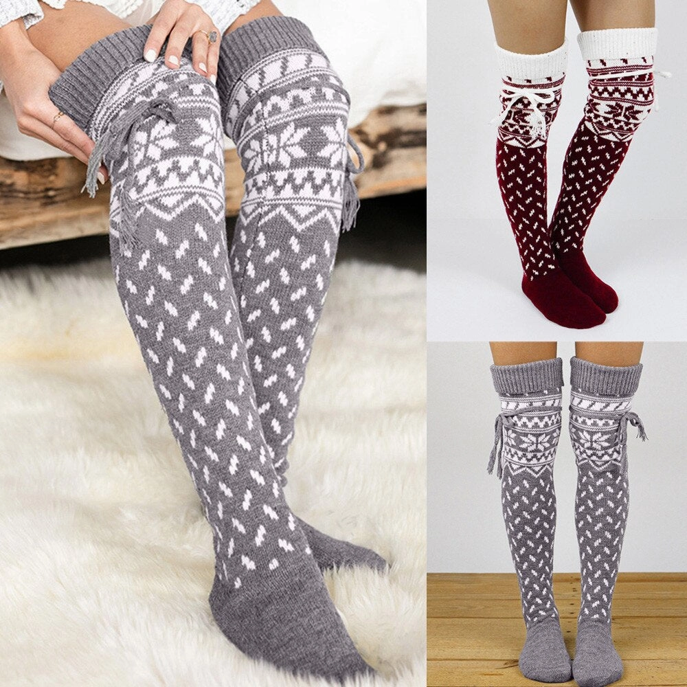 Knee High Boots With Stretch Thigh High Alpine Socks Snowflake Pattern Gray & White Or Red & White You Choose Tie Top Stay Up Over The Knee Boot Socks Make A Great Christmas Present!