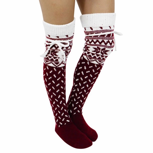 Thigh High Alpine Socks Snowflake Pattern Gray & White Or Red & White You Choose Tie Top Stay Up Over The Knee Boot Socks Make A Great Christmas Present! Mid Heeled Knee High Boots