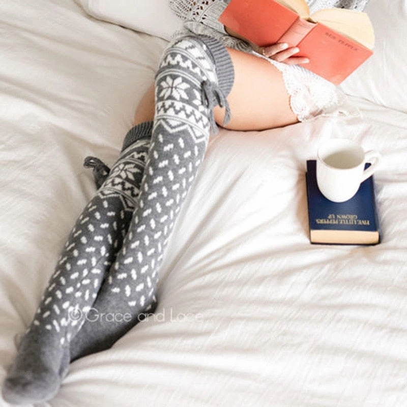 Thigh High Alpine Socks Snowflake Pattern Gray & White Or Red & White You Choose Tie Top Stay Up Over The Knee Boot Socks Make A Great Christmas Present! Wide Foot Knee High Boots
