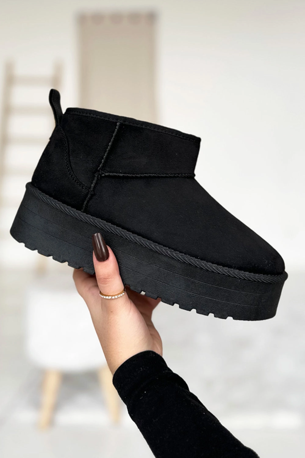 Blousing Boots BLACK ULTRA MINI PLATFORM FAUX FUR LINED ANKLE BOOTS