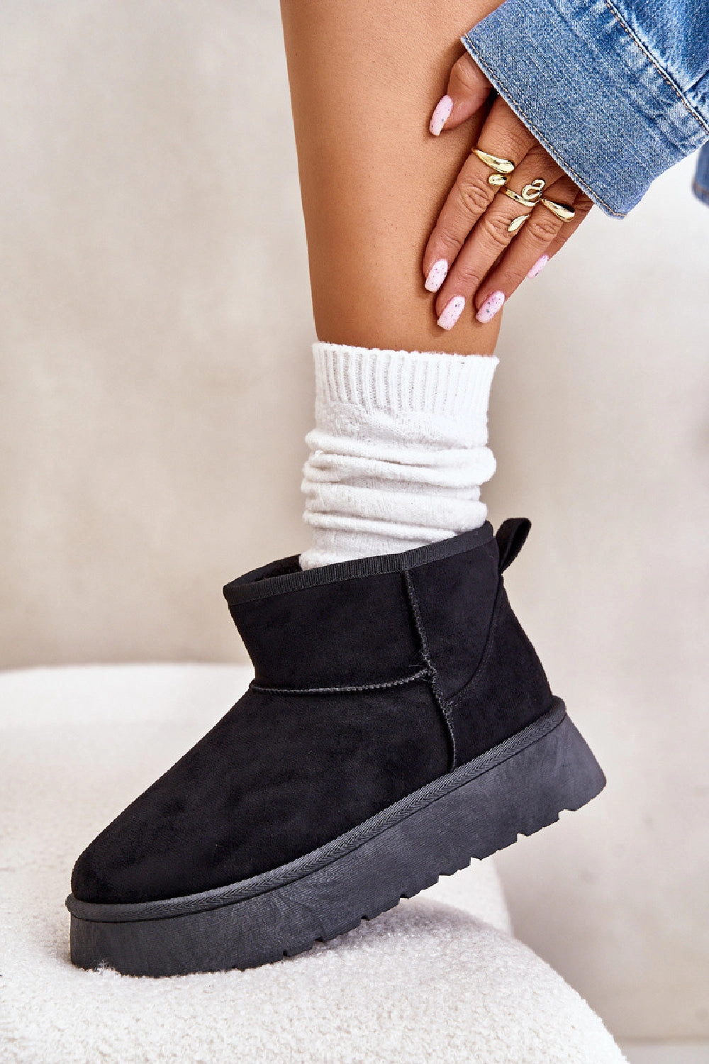 Gray Chelsea Boots BLACK ULTRA MINI PLATFORM FAUX FUR LINED ANKLE BOOTS