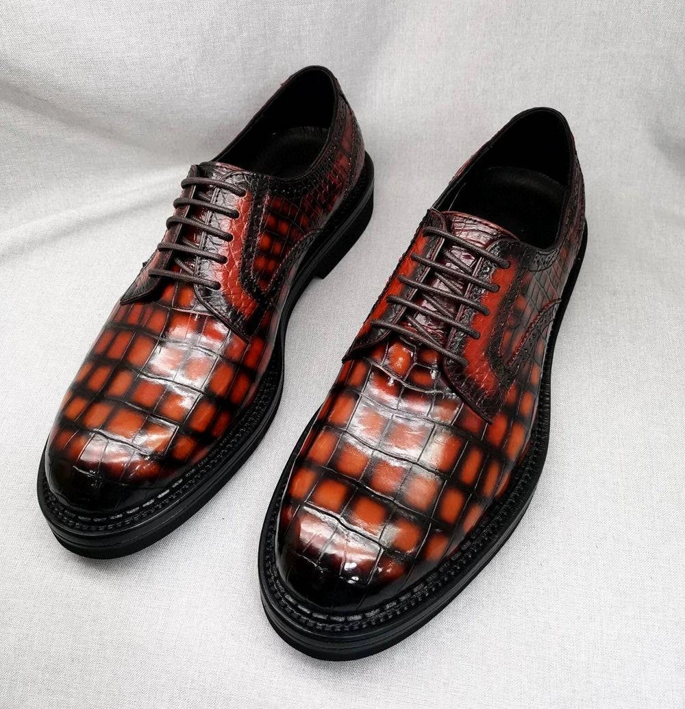 Atv Boots Crocodile Shoes Mens Genuine Crocodile Leather Derby Lace Up Dress Shoe Vintage Orange