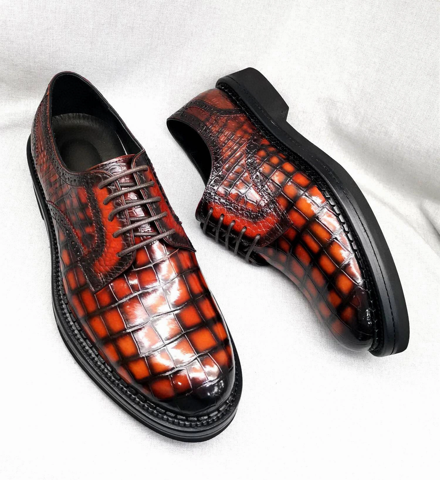 Crocodile Shoes Mens Genuine Crocodile Leather Derby Lace Up Dress Shoe Vintage Orange Leopard Print Western Boots