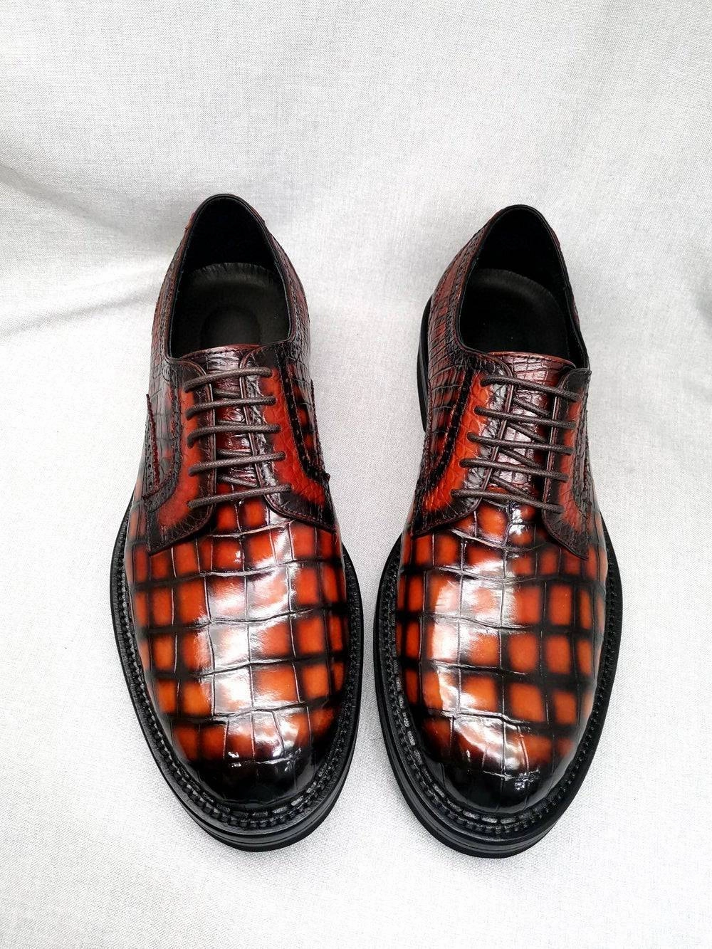 Winter Boots Crocodile Shoes Mens Genuine Crocodile Leather Derby Lace Up Dress Shoe Vintage Orange