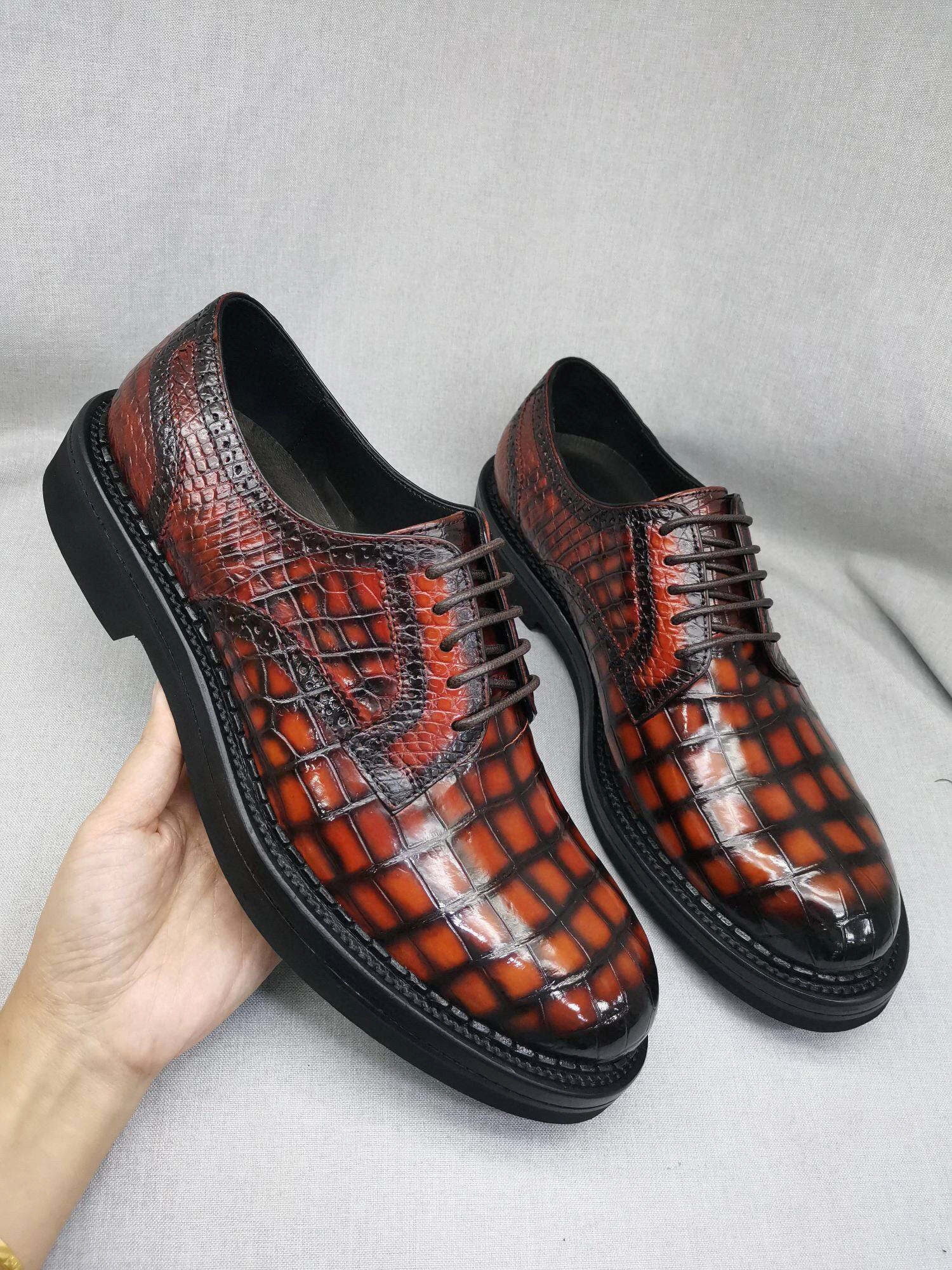 Combat Leather Boots Crocodile Shoes Mens Genuine Crocodile Leather Derby Lace Up Dress Shoe Vintage Orange