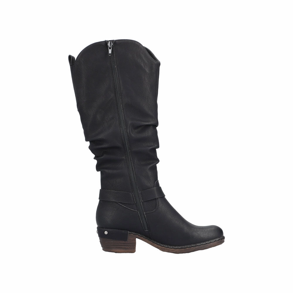 Leather Knee High Boots Chunky Heel Rieker 93670-00 Ladies Black Water Resistant Side Zip Knee High Boots