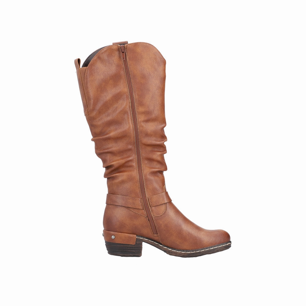 Rieker 93670-24 Ladies Brown Water Resistant Side Zip Knee High Boots Knee High Boots Large Calves