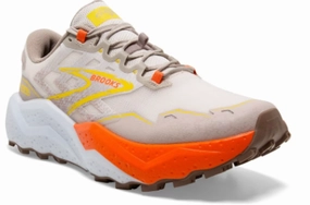Brooks Caldera 7 (White Sand/Chateau Gray/Yellow) - Men's Trail Running Shoes With Carbon Fiber Plate
