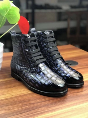 Wp Hiking Boots Crocodile Shoes Men's Vintage Crocodile Leather Lace-Up Boots