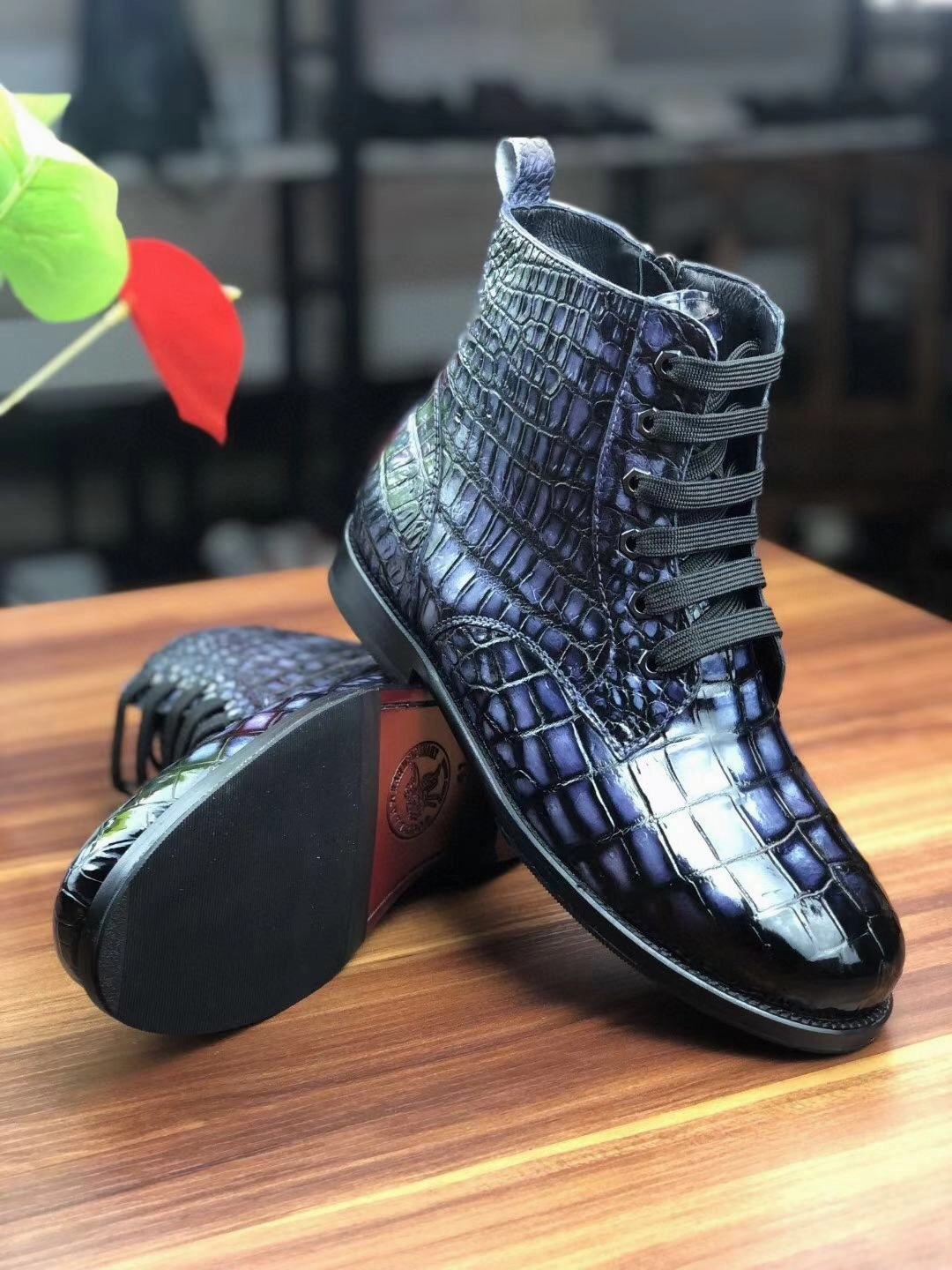 Best Comfortable Work Boots Crocodile Shoes Men's Vintage Crocodile Leather Lace-Up Boots