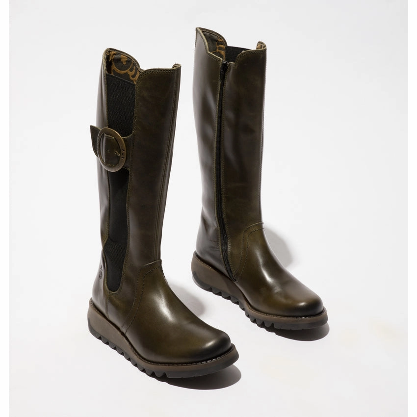 Suede Low Heel Knee High Boots Fly SOIF361FLY Ladies Rug Diesel Leather Side Zip Knee High Boots