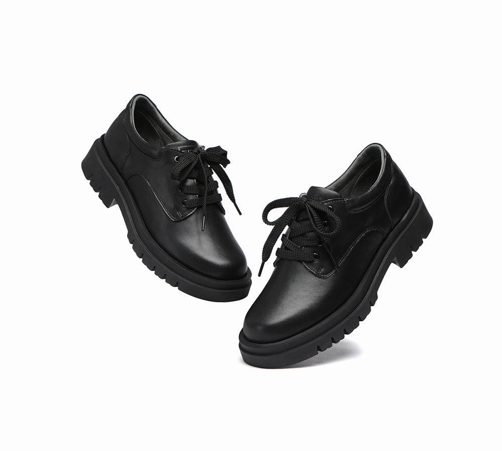 Ankle Boots With Platform Sole Senior  School Shoes Black Leather Lace Up Large Size Shoes