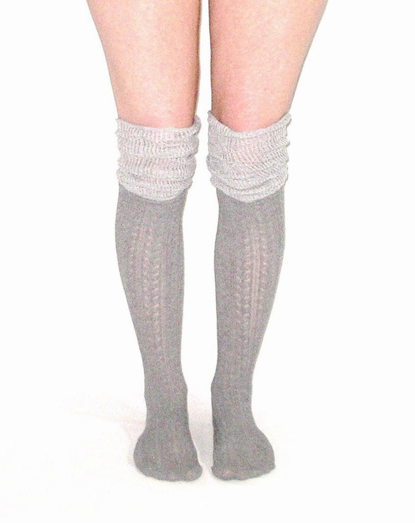 Slouch Top Boot Socks Gray Over The Knee Boho Pointelle Lace Scrunch Toppers Thigh High Knee High Rida Knee High Stretch Boots