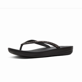 Fitflop R08-001 Iqushion Sparkle Ladies Black Toe Post Sandals Fur Lined Flip Flops