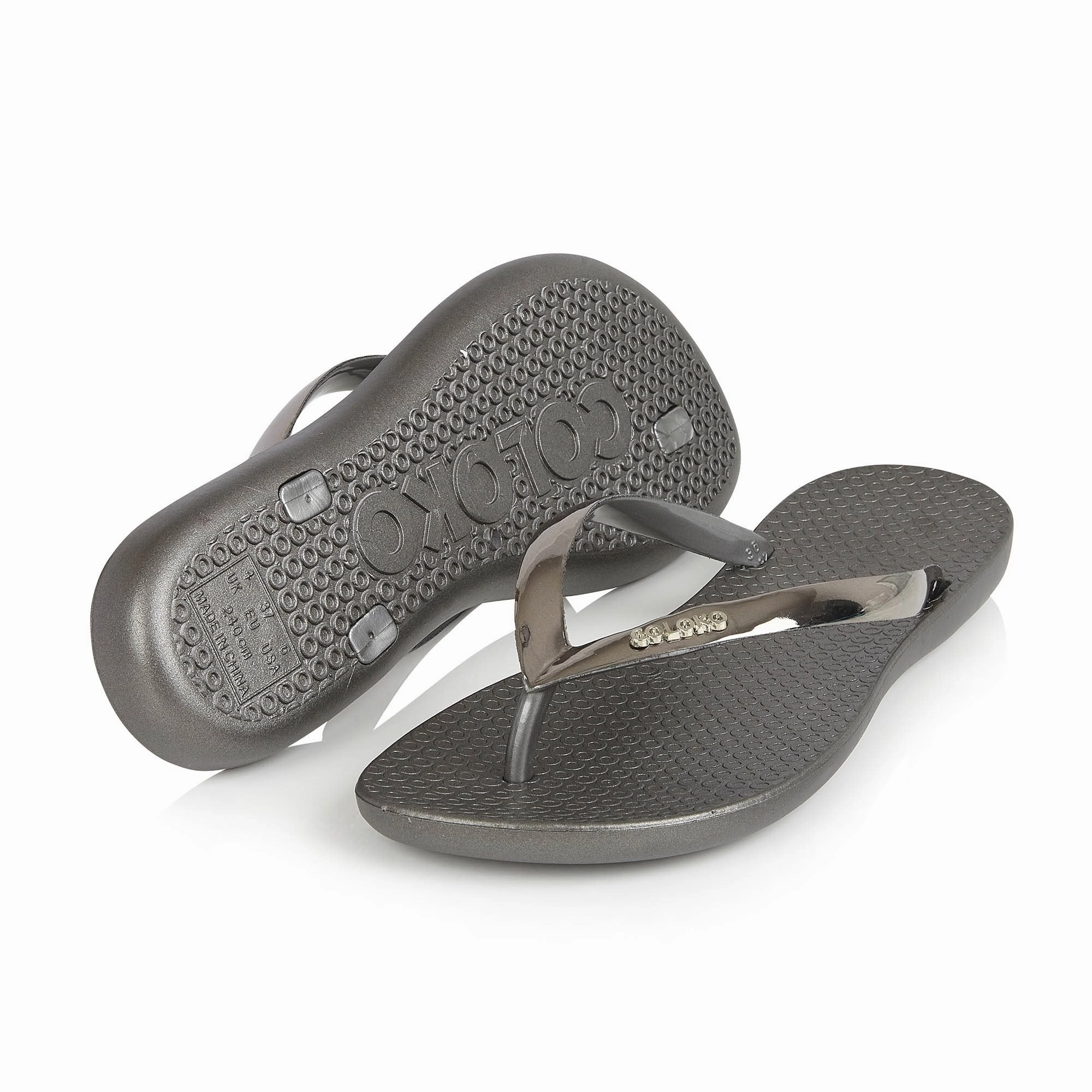 Coloko Dahlia Chrome Metallic Pewter Grey Ergonomic Footbed Flip Flops Yoga Mat Wedge Flip Flops