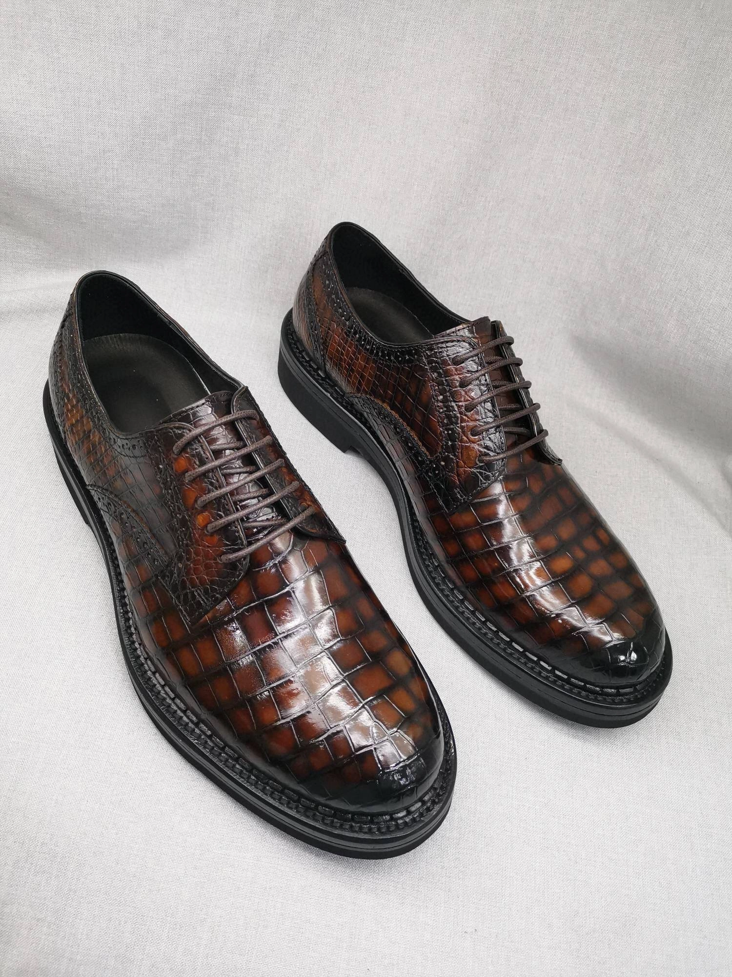 Balenciaga Knife Boots Crocodile Shoes Mens Genuine Crocodile Leather Derby Lace Up Dress Shoe Vintage Brown