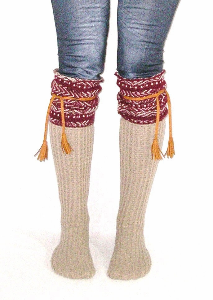 Tahoe Tassel Boho Boot Socks Beige / Burgundy Slouch Top Over The Knee Thick Waffle Knit Camel Vegan Leather Tassles Knee High Square Toe