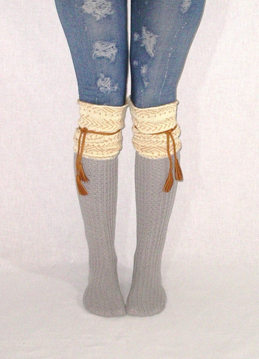Tahoe Tassel Boho Boot Socks Ivory / Camel / Gray Slouch Top Over The Knee Thick Waffle Knit Camel Vegan Leather Tassles Small Calf Knee High Boots