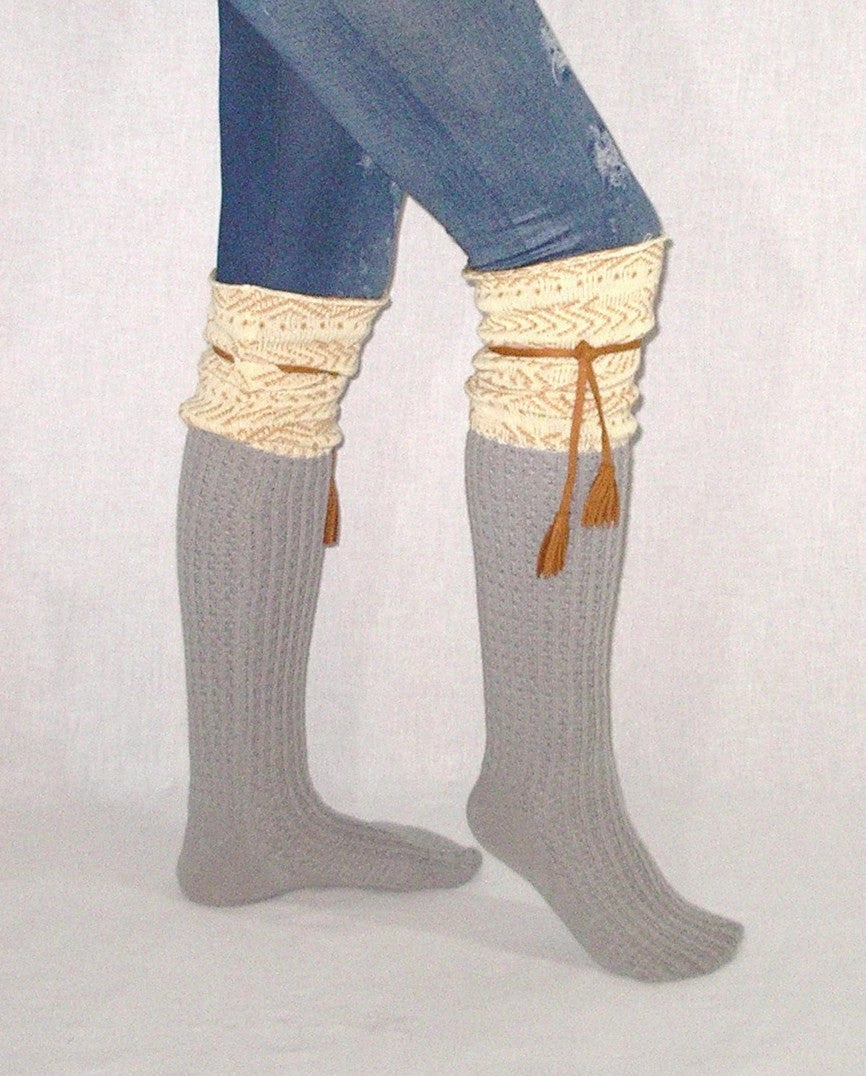 Tahoe Tassel Boho Boot Socks Ivory / Camel / Gray Slouch Top Over The Knee Thick Waffle Knit Camel Vegan Leather Tassles Embossed Knee High Leather Boot