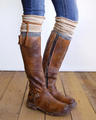 Tahoe Tassel Boho Boot Socks Ivory / Camel / Gray Slouch Top Over The Knee Thick Waffle Knit Camel Vegan Leather Tassles Bowman Knee High Boot