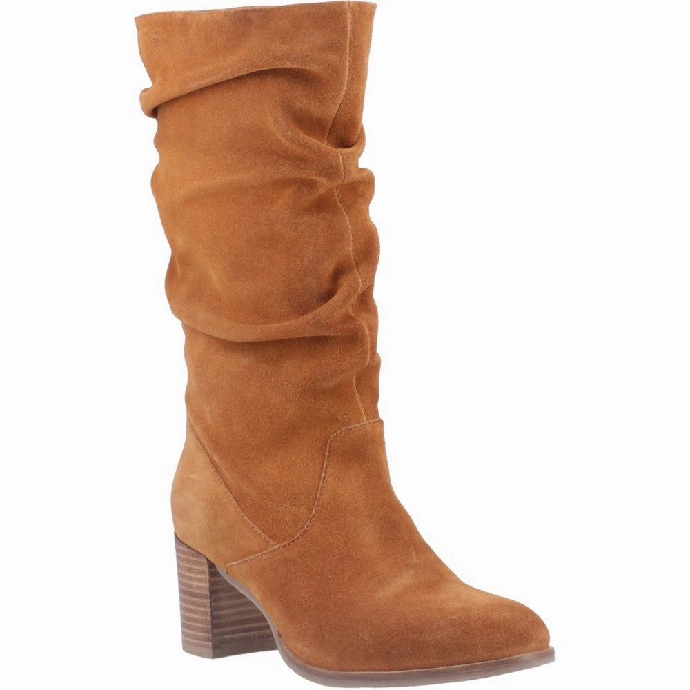 Tan Cosima Ruched Suded Boots Knee High Western Boots Wide Calf