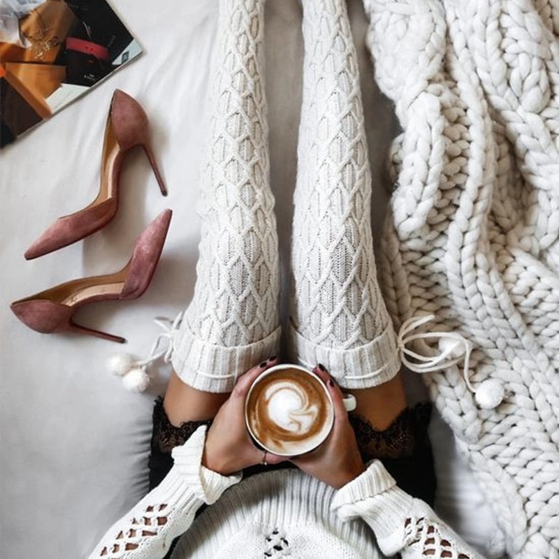 Knee High Brown Leather Boots Thick Thigh High Socks Gray Tan Or Ivory Winter Cable Knit Over The Knee Socks With Tie Top & Pom Poms Warm Soft Super Long