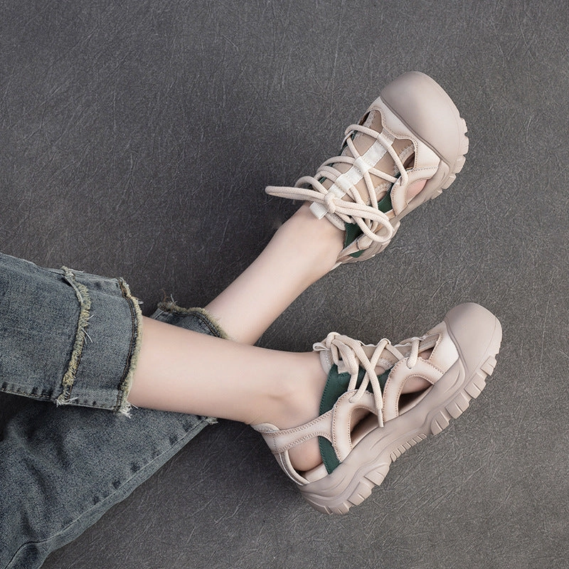 Rainbow Sandals Women Retro Leather Round Head Summer Sandals